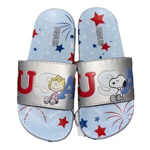 Peanuts USA Snoopy Charlie Brown Lucy Kid's Slide Sandals Stars Blue Size 3
